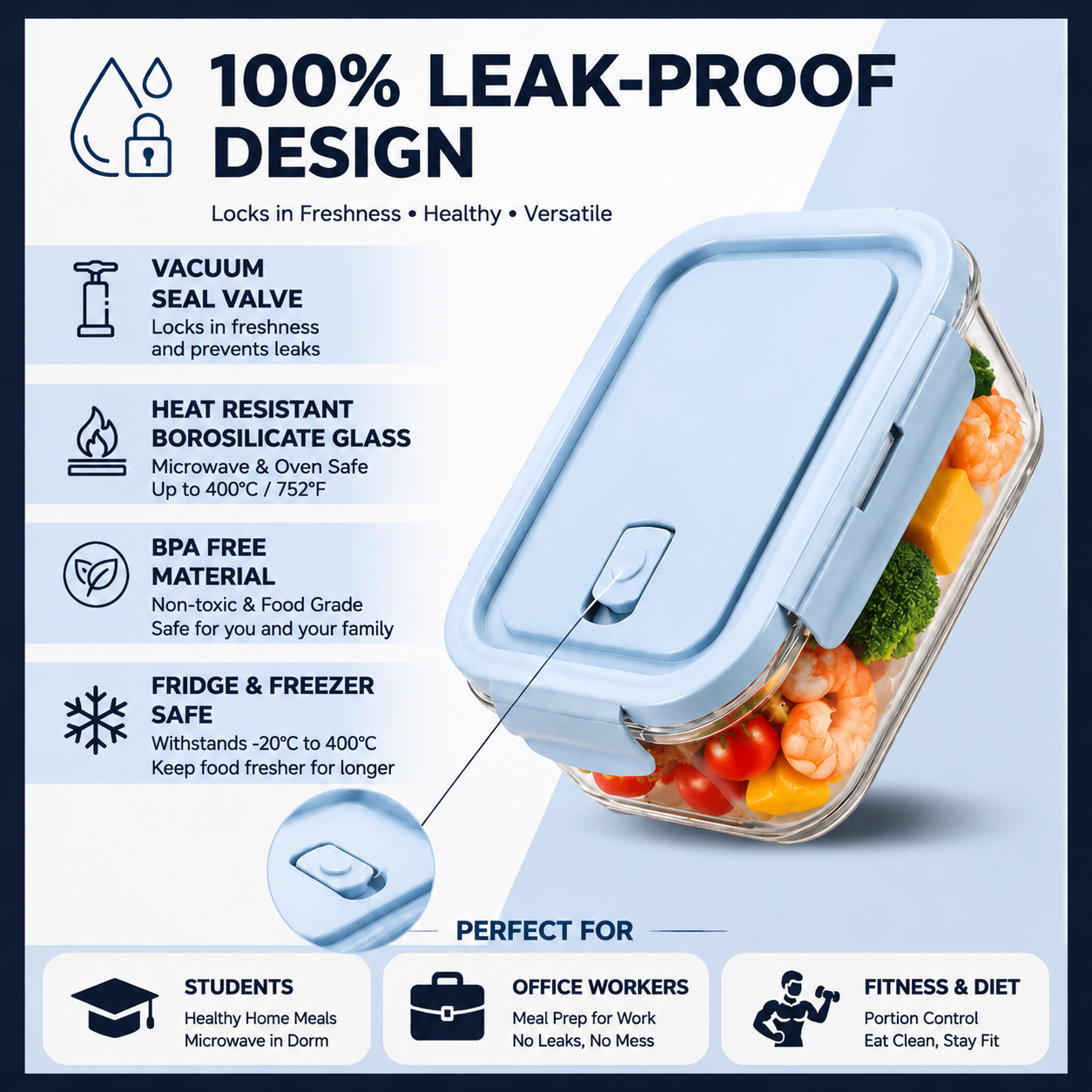 Meal Prep Diet - 2 Pack Glass Lunch Box Borosilicate
