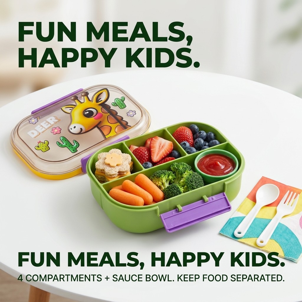 Cute Kids Bento Box 4 Compartm - Meal Prep Bowl reseña y precio